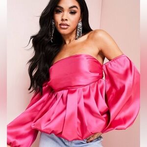 ASOS Luxe Balloon Off the Shoulder Hot Pink Satin Top
